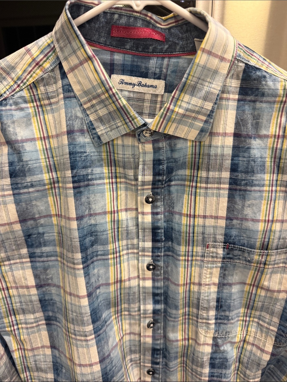 Tommy Bahama Blue, White & Yellow Plaid Cotton Button-Up